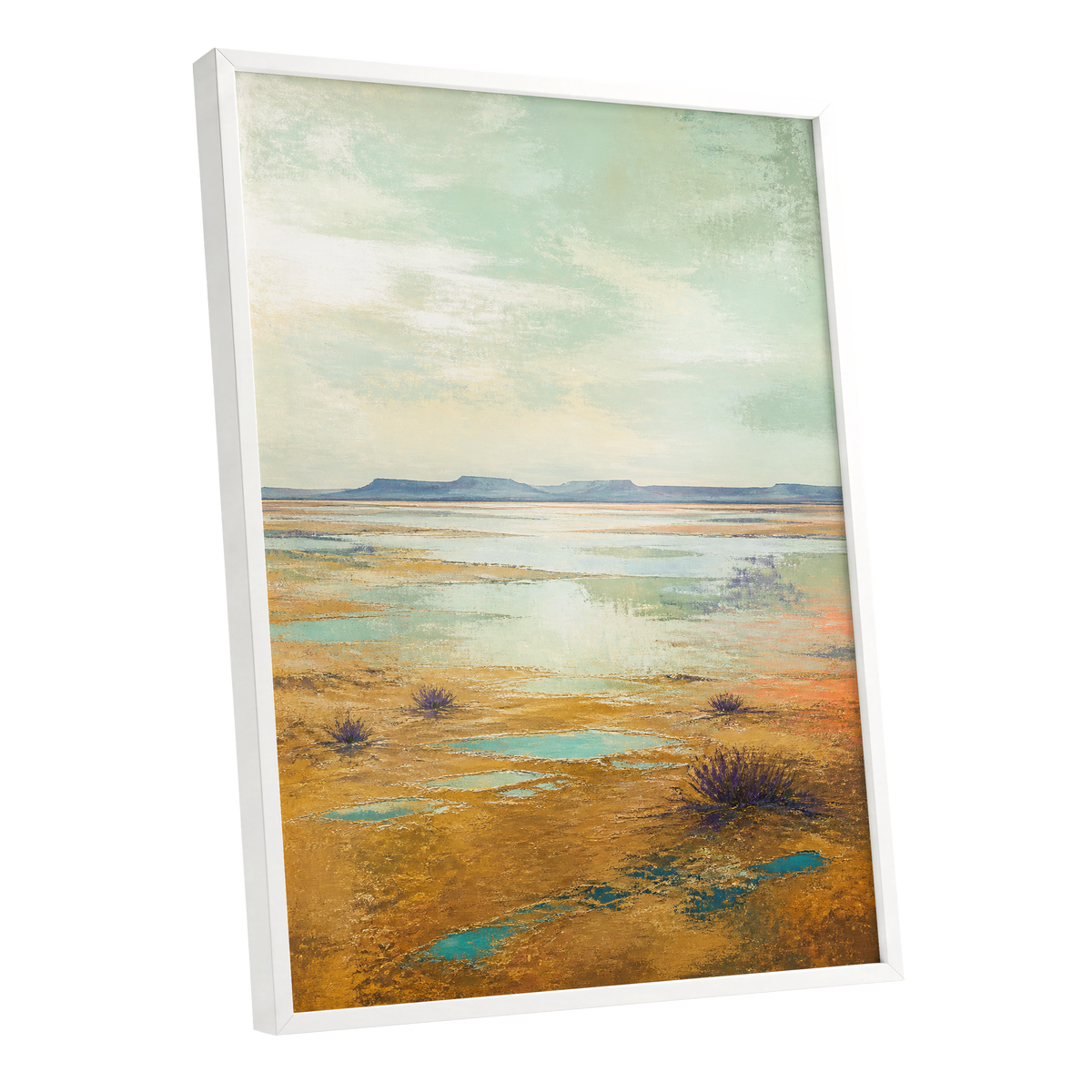 Turquoise Mesa, green, gold, blue nature wall art shown as a white framed poster wall art print