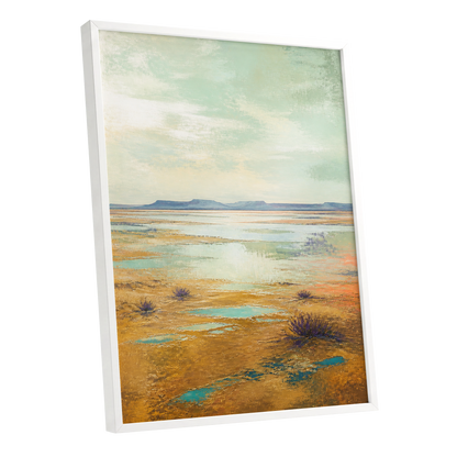 Turquoise Mesa, green, gold, blue nature wall art shown as a white framed poster wall art print