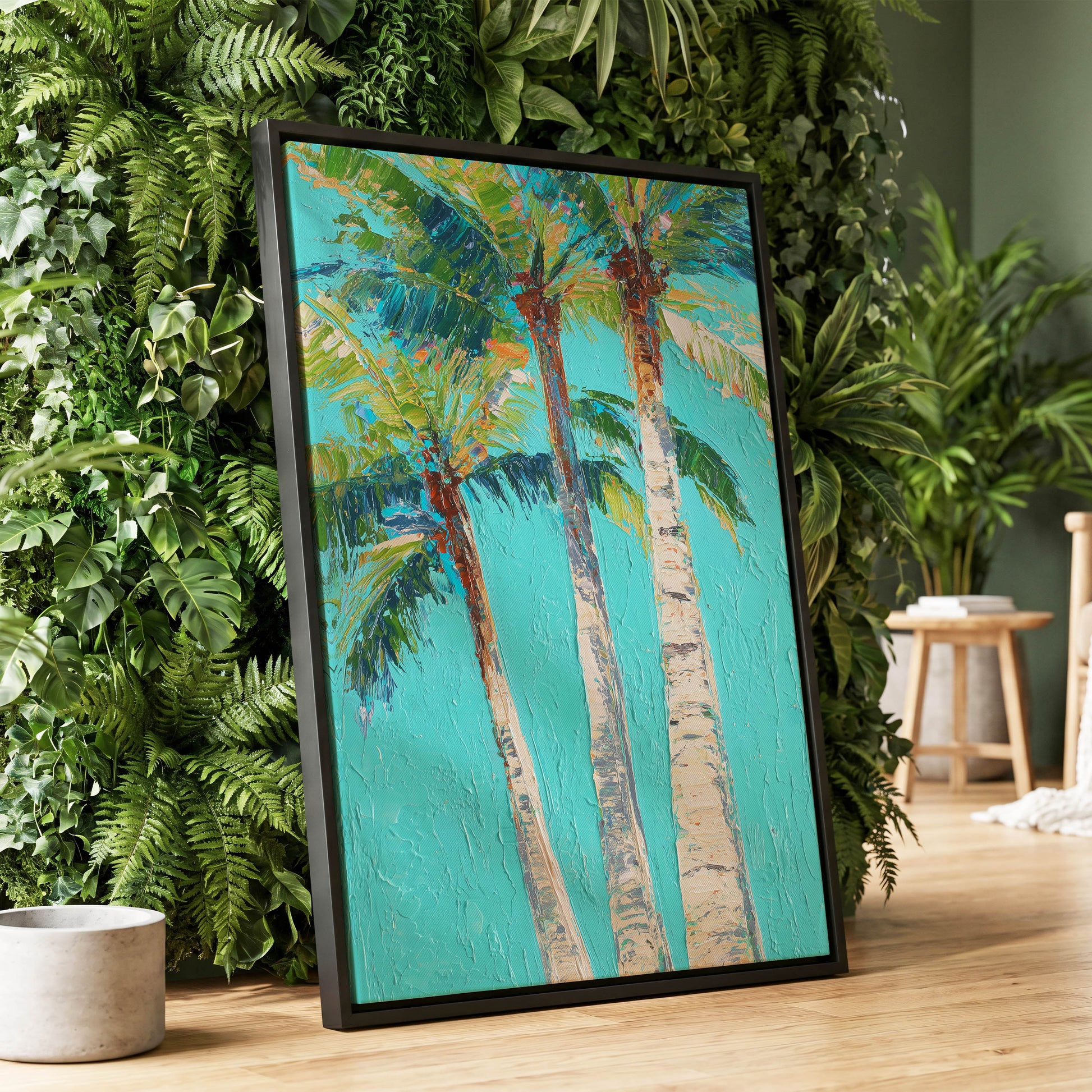 Turquoise Palm Canopy – wall art displayed in a styled interior, gallery view 1
