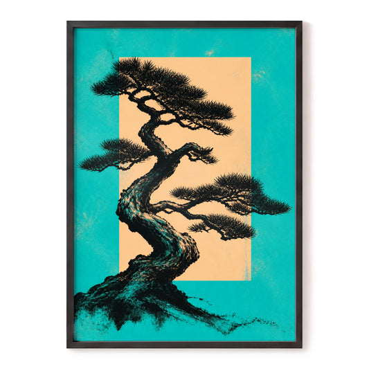 Turquoise Pine Reverie, blue, orange, black nature wall art, front artwork view