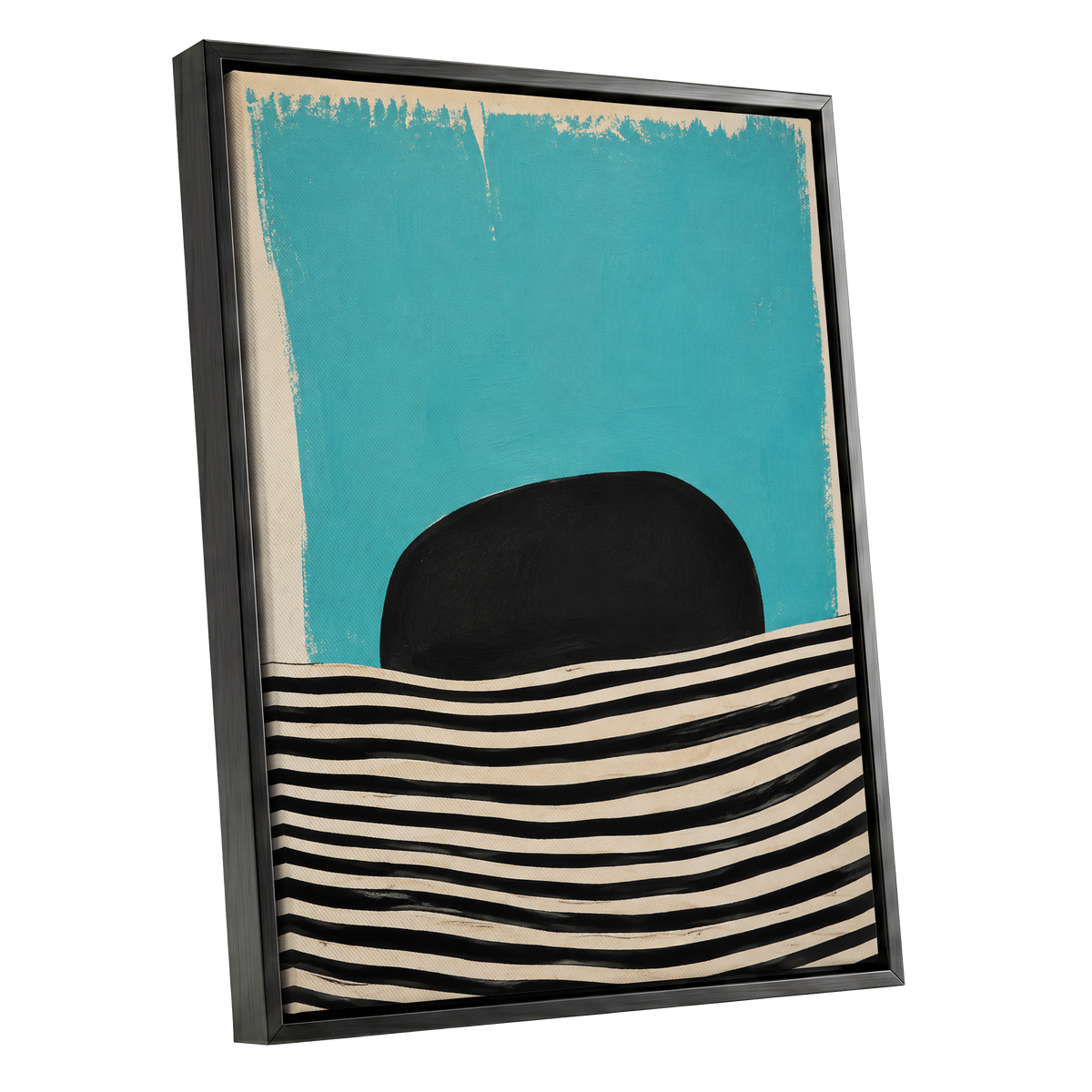 Turquoise Rhythm, blue, black, beige abstract wall art shown as a black framed canvas wall art