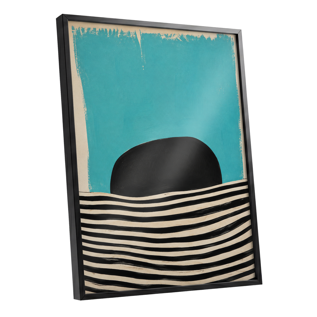 Turquoise Rhythm, blue, black, beige abstract wall art shown as a black framed poster wall art print