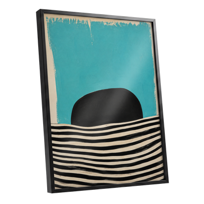 Turquoise Rhythm, blue, black, beige abstract wall art shown as a black framed poster wall art print