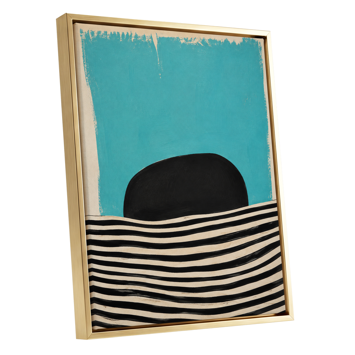 Turquoise Rhythm, blue, black, beige abstract wall art shown as a gold framed canvas wall art
