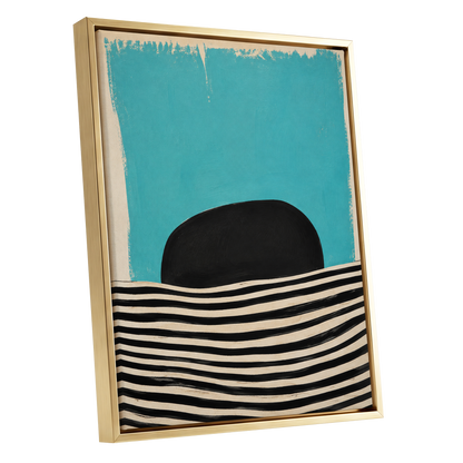 Turquoise Rhythm, blue, black, beige abstract wall art shown as a gold framed canvas wall art