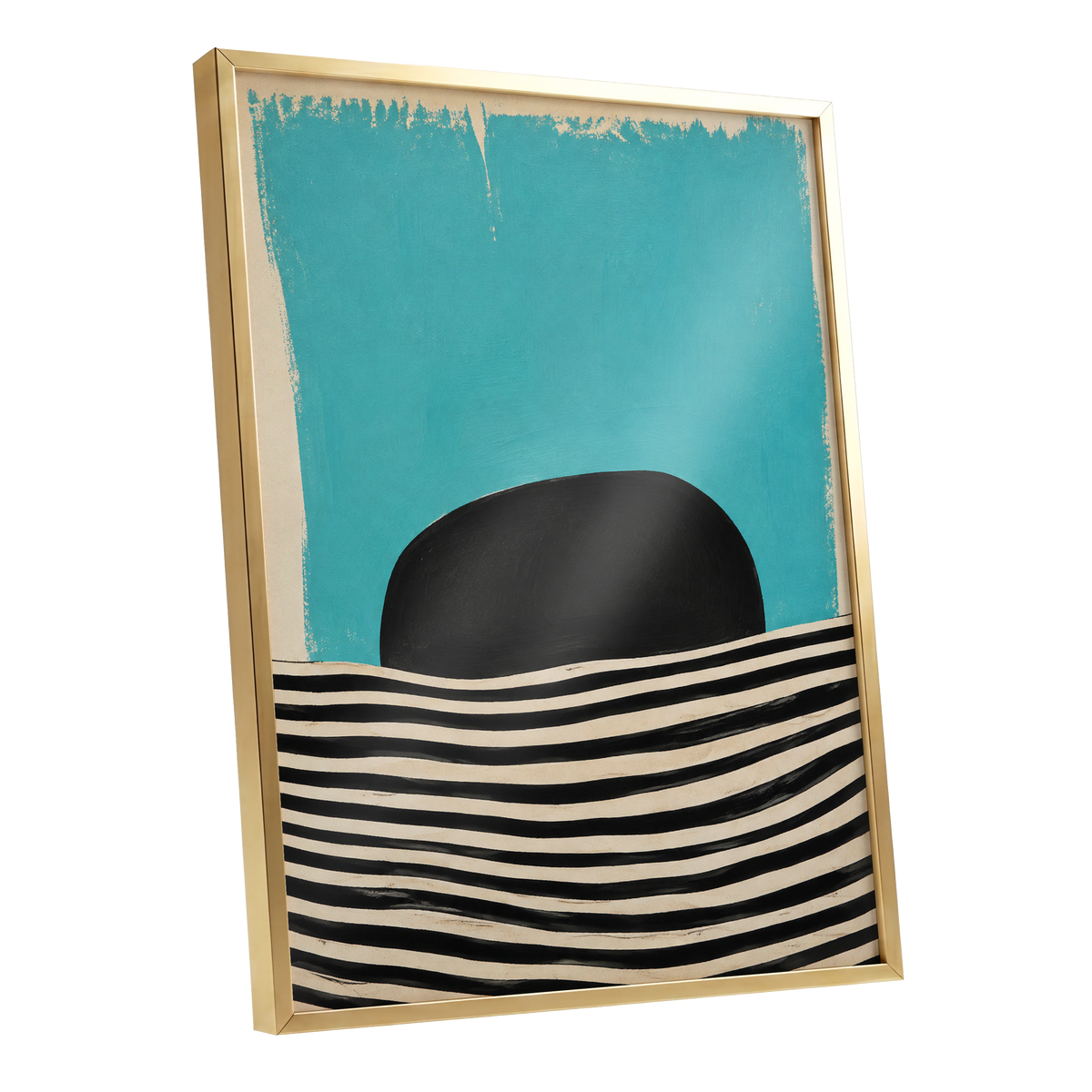 Turquoise Rhythm, blue, black, beige abstract wall art shown as a gold framed poster wall art print