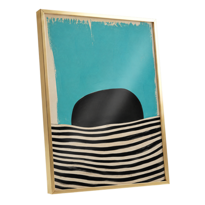 Turquoise Rhythm, blue, black, beige abstract wall art shown as a gold framed poster wall art print