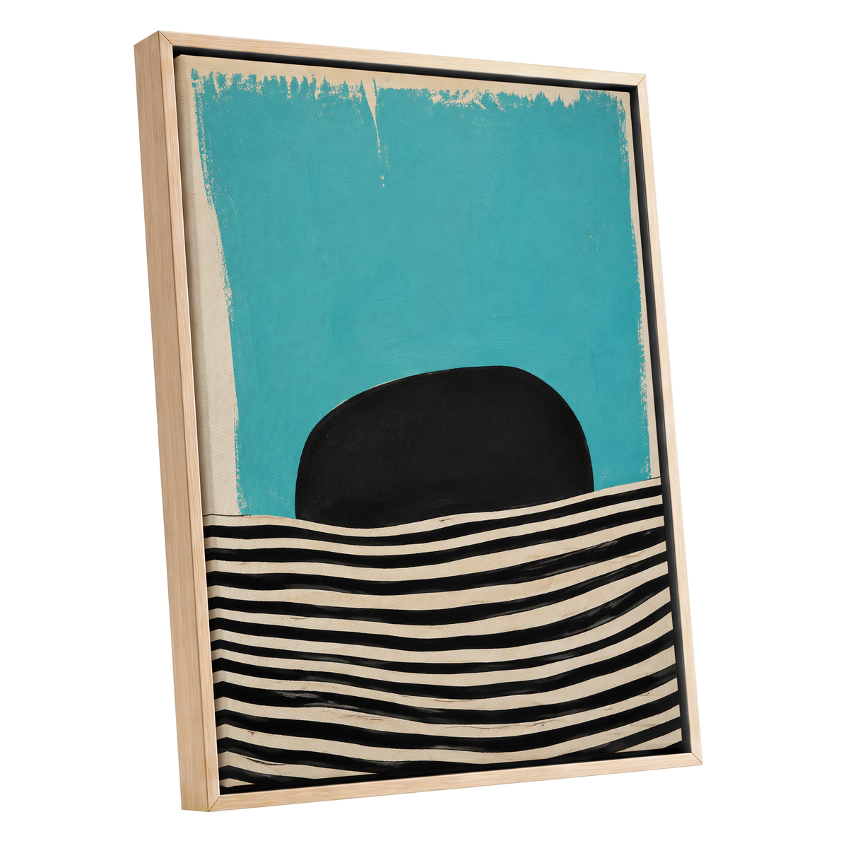 Turquoise Rhythm, blue, black, beige abstract wall art shown as a oak framed canvas wall art