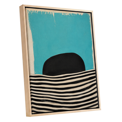 Turquoise Rhythm, blue, black, beige abstract wall art shown as a oak framed canvas wall art