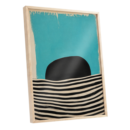 Turquoise Rhythm, blue, black, beige abstract wall art shown as a oak framed poster wall art print