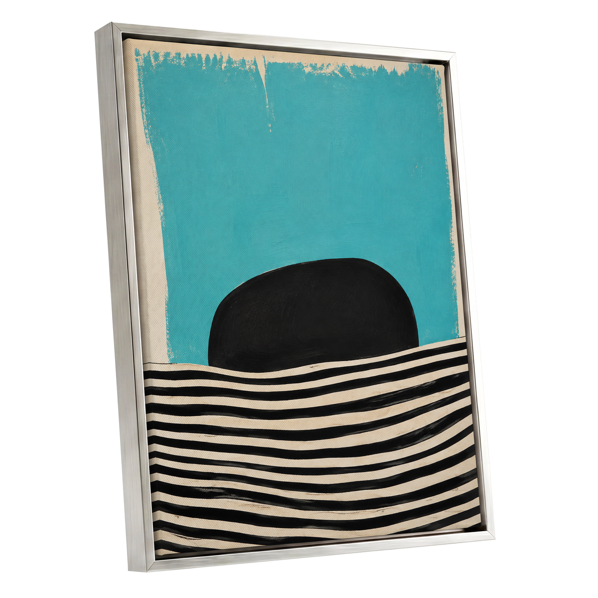 Turquoise Rhythm, blue, black, beige abstract wall art shown as a silver framed canvas wall art