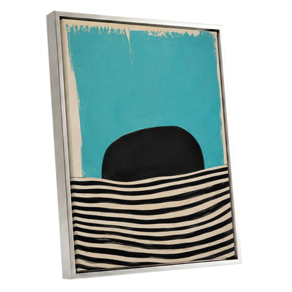 Turquoise Rhythm, blue, black, beige abstract wall art shown as a silver framed canvas wall art