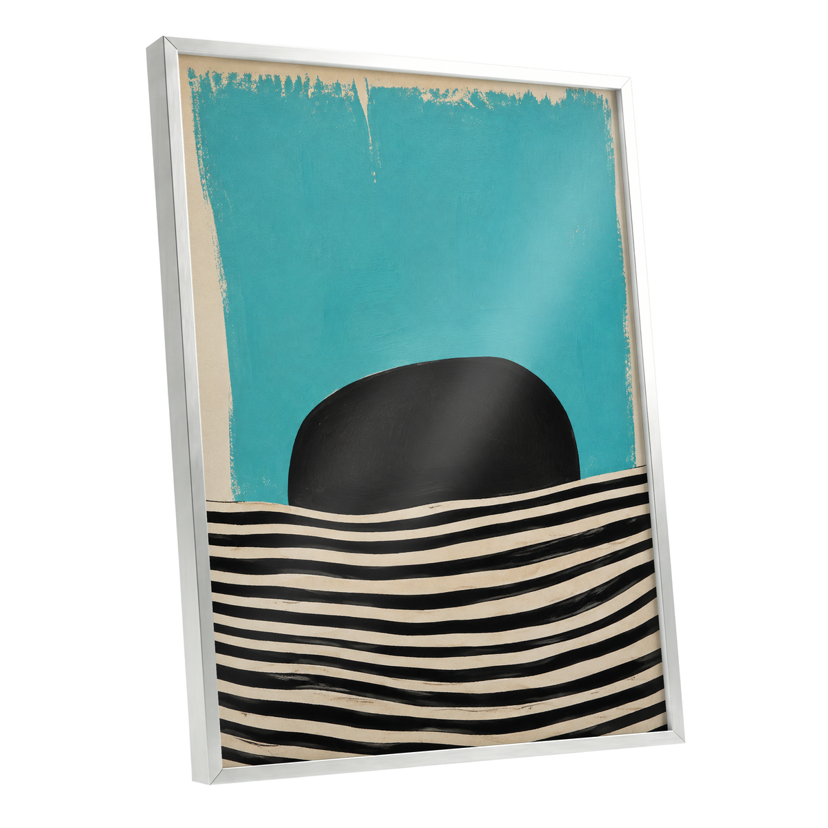 Turquoise Rhythm, blue, black, beige abstract wall art shown as a silver framed poster wall art print