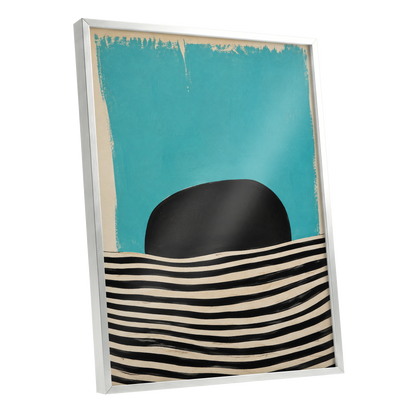 Turquoise Rhythm, blue, black, beige abstract wall art shown as a silver framed poster wall art print