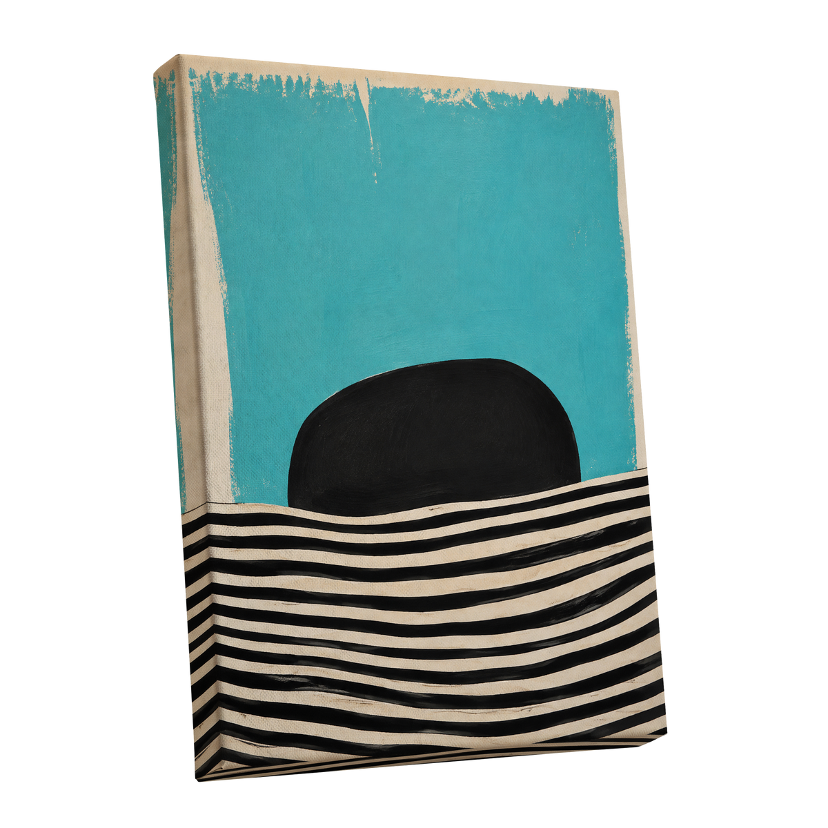 Turquoise Rhythm, blue, black, beige abstract wall art shown as a stretched canvas wall art