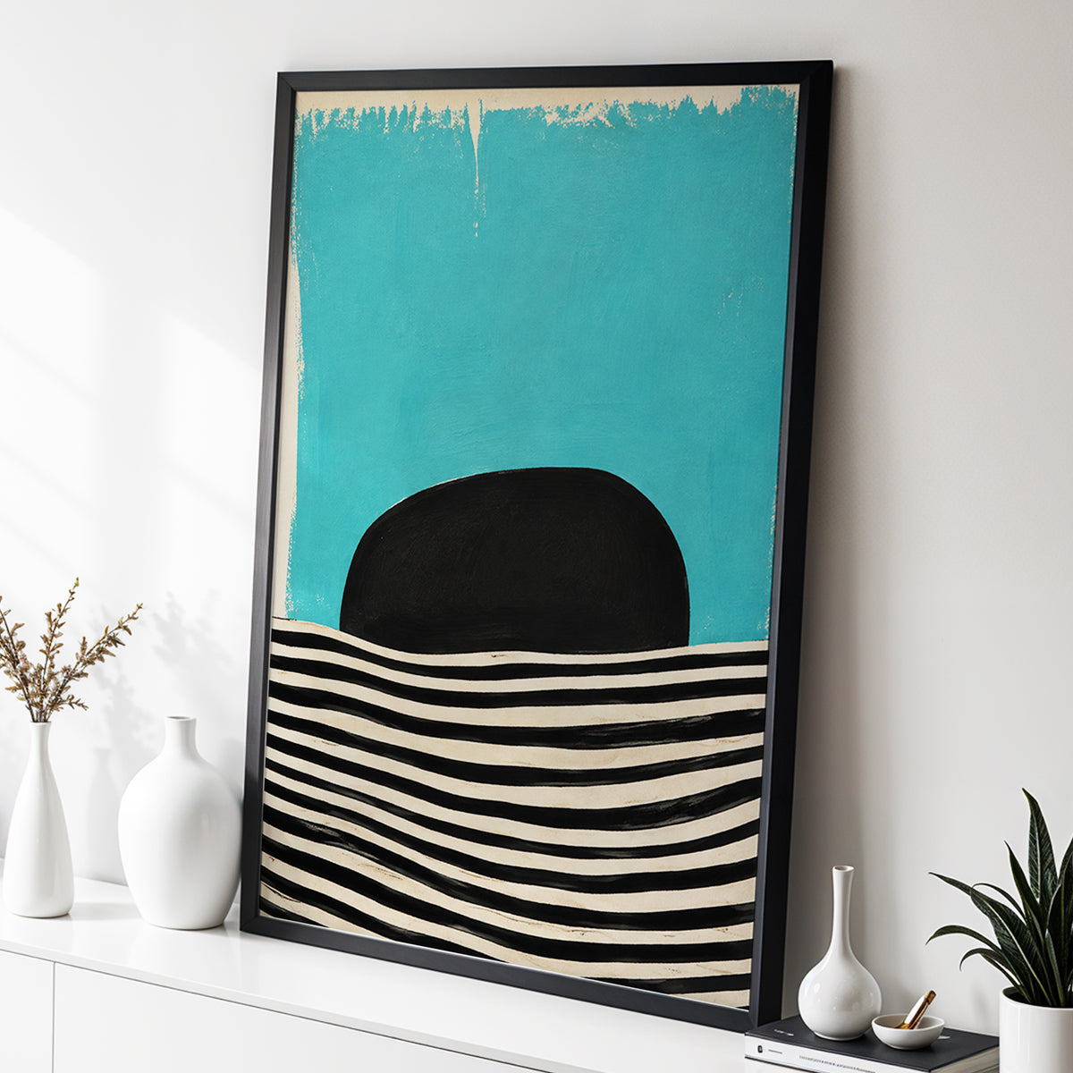Turquoise Rhythm, blue, black, beige abstract wall art displayed in a styled interior, gallery view 2