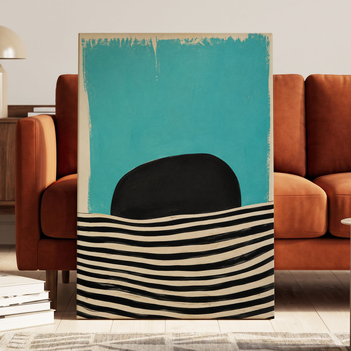 Turquoise Rhythm, blue, black, beige abstract wall art displayed in a styled interior, gallery view 3