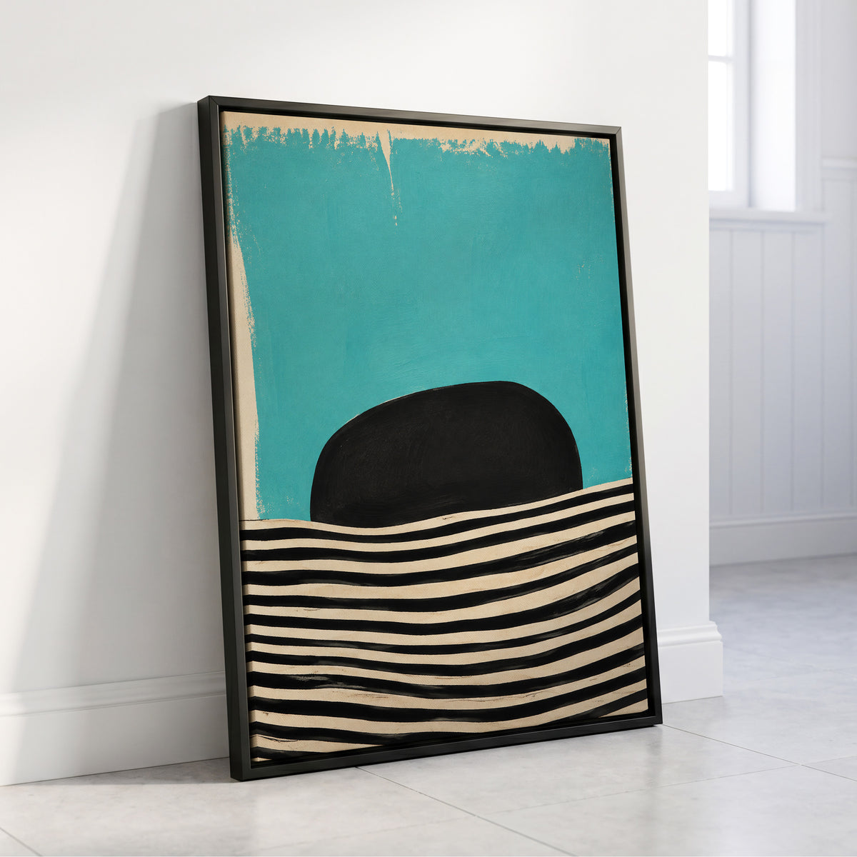 Turquoise Rhythm, blue, black, beige abstract wall art displayed in a styled interior, gallery view 4