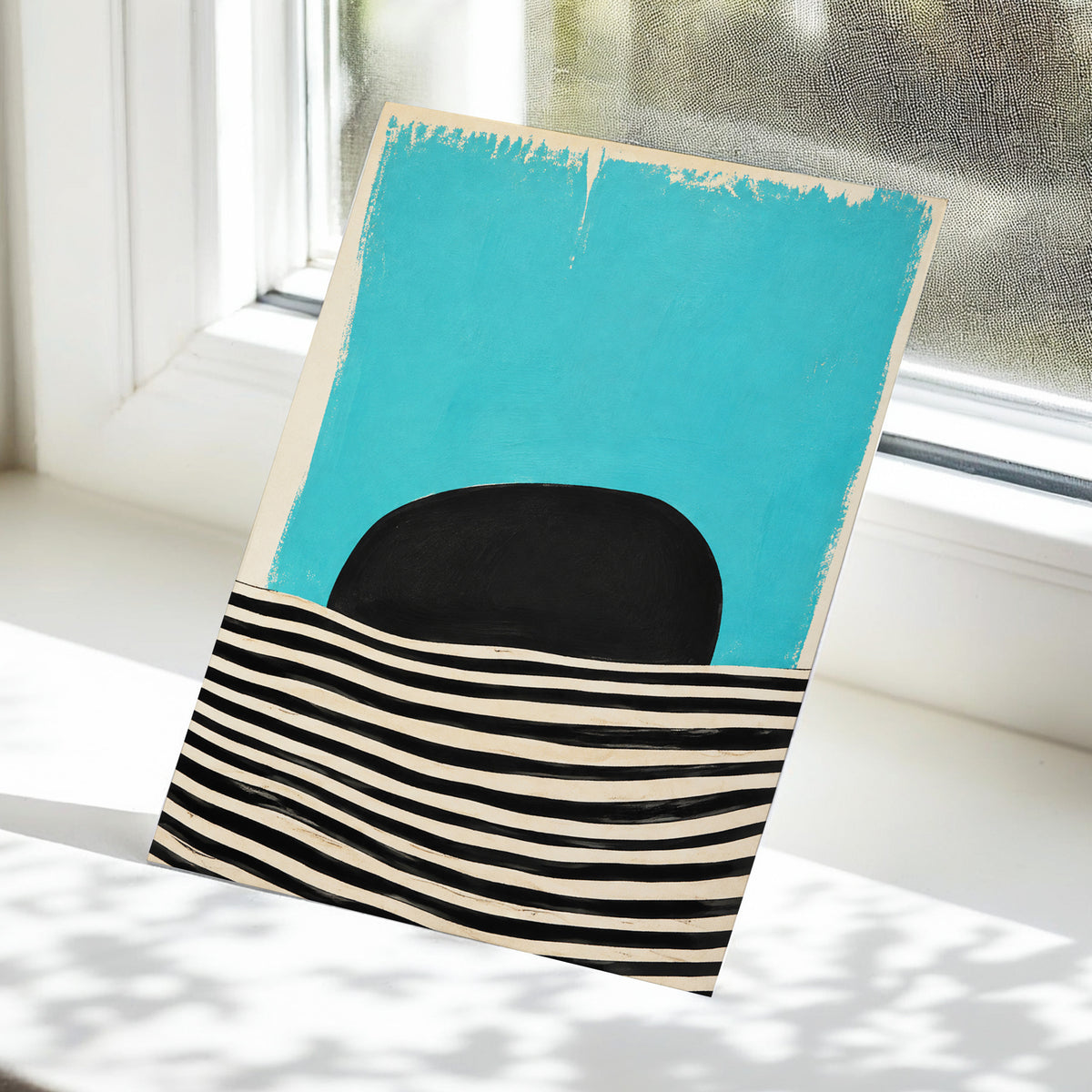 Turquoise Rhythm, blue, black, beige abstract wall art displayed in a styled interior, gallery view 5