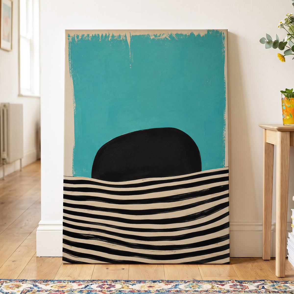 Turquoise Rhythm, blue, black, beige abstract wall art displayed in a styled interior, gallery view 7