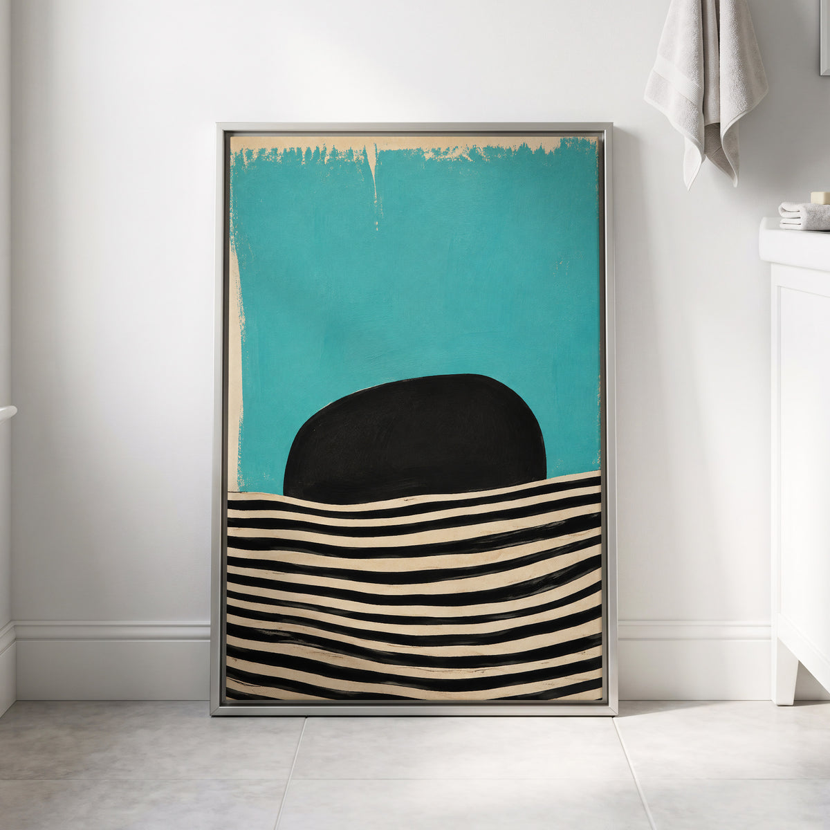 Turquoise Rhythm, blue, black, beige abstract wall art displayed in a styled interior, gallery view 8