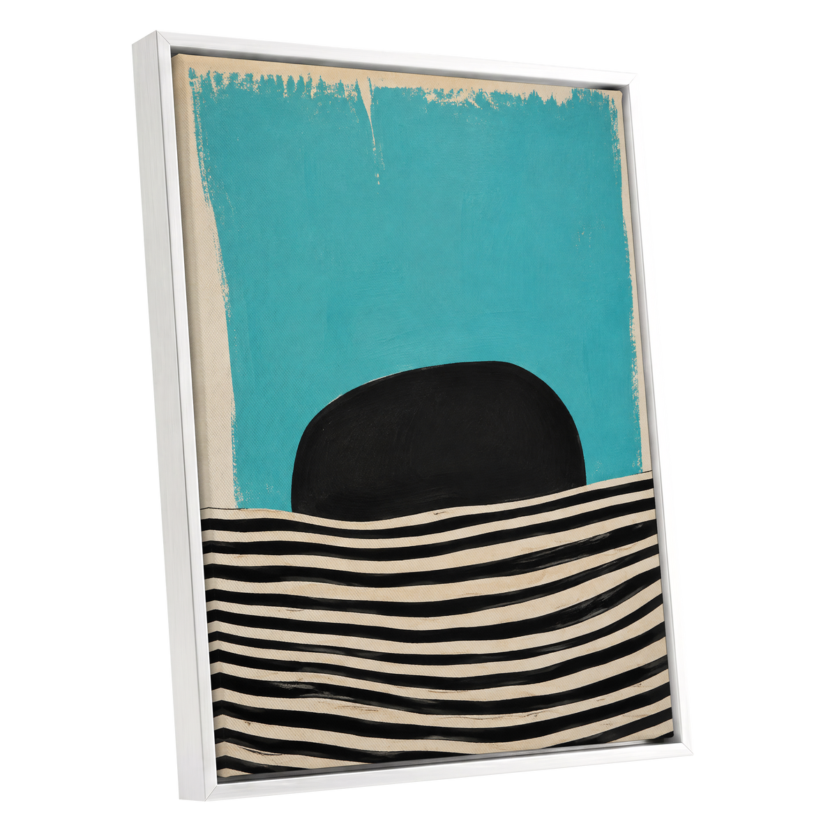 Turquoise Rhythm, blue, black, beige abstract wall art shown as a white framed canvas wall art