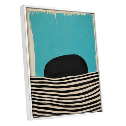 Turquoise Rhythm, blue, black, beige abstract wall art shown as a white framed canvas wall art