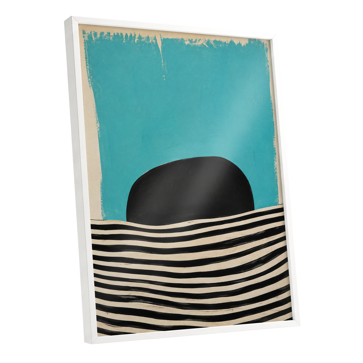 Turquoise Rhythm, blue, black, beige abstract wall art shown as a white framed poster wall art print