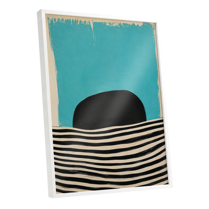 Turquoise Rhythm, blue, black, beige abstract wall art shown as a white framed poster wall art print