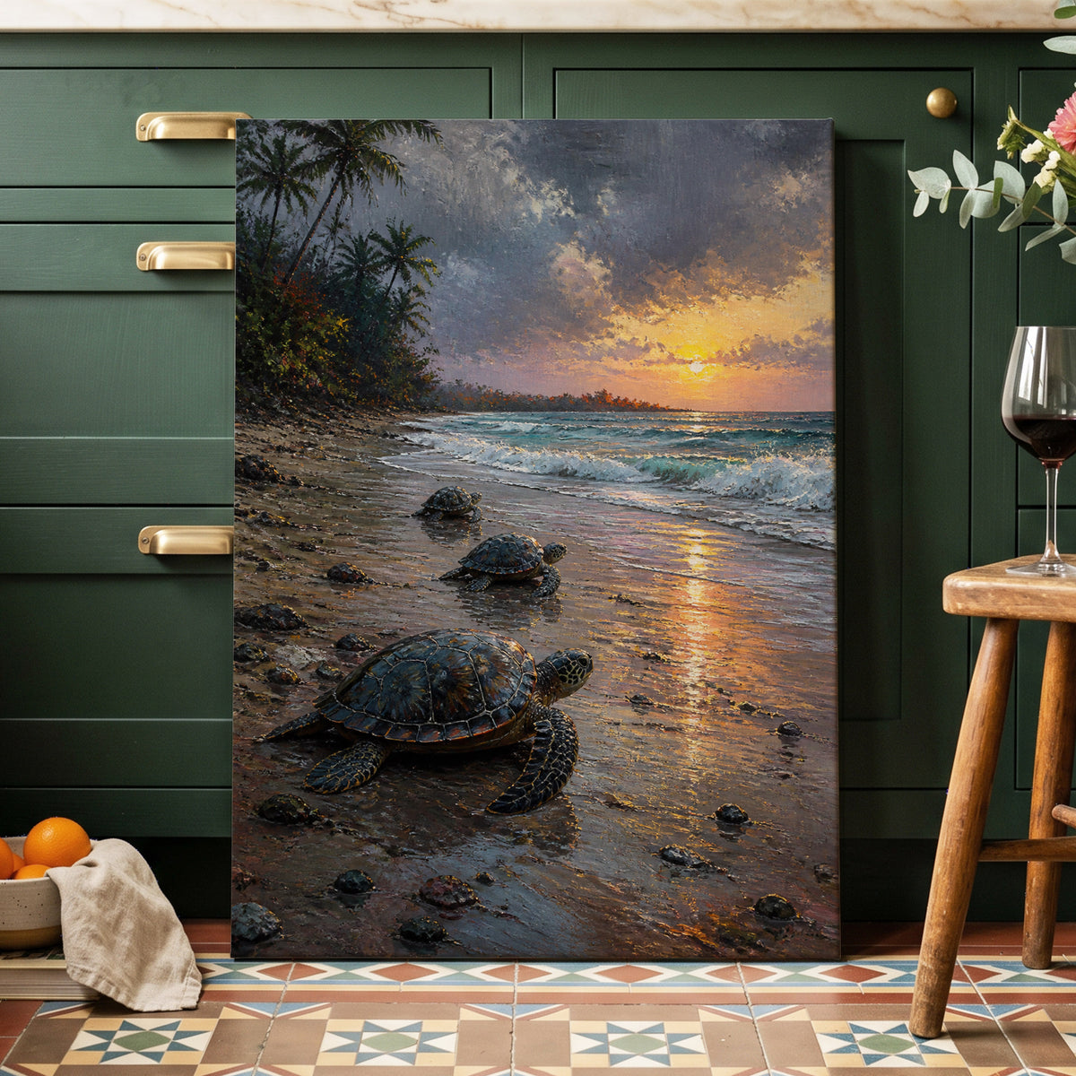 Turtle Dawn, blue, brown, gold nature wall art on canvas displayed in a styled interior, gallery view 1
