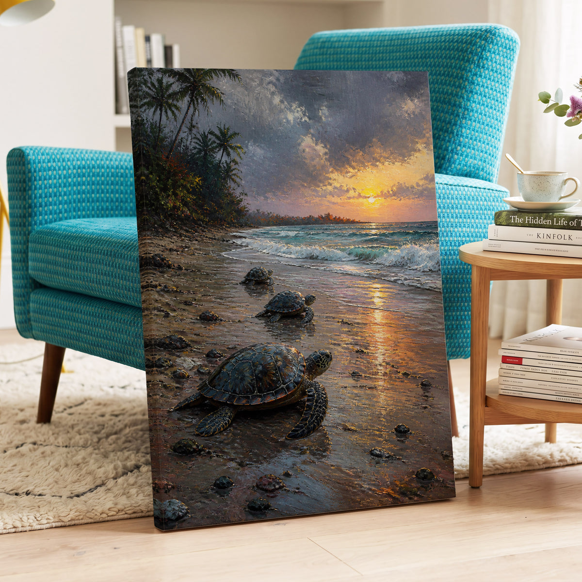 Turtle Dawn, blue, brown, gold nature wall art on canvas displayed in a styled interior, gallery view 2