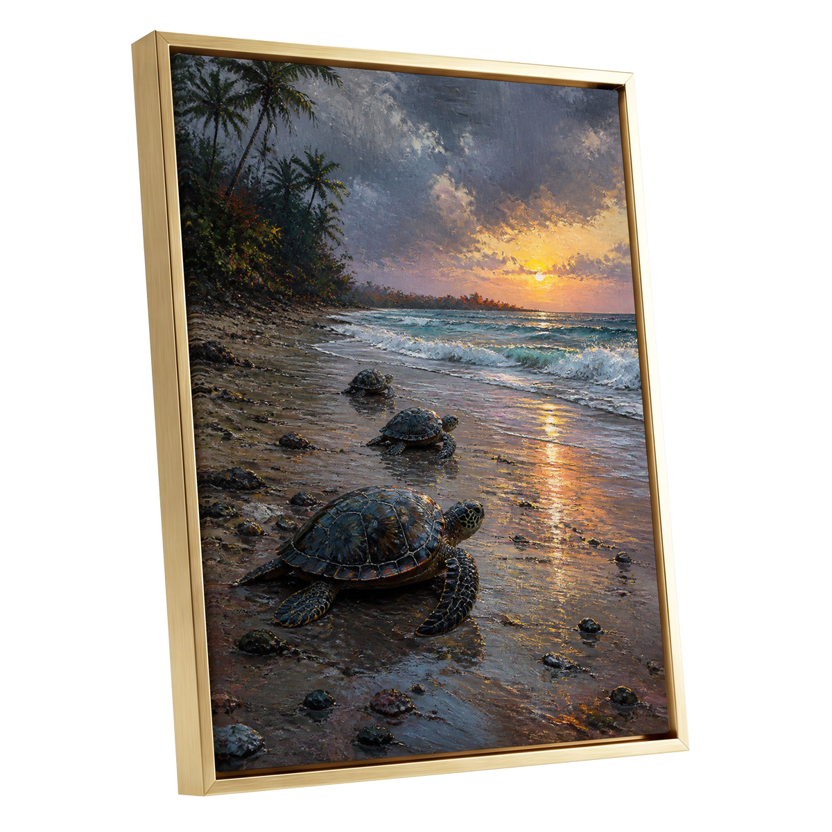 Turtle Dawn, blue, brown, gold nature wall art shown as a gold framed canvas wall art