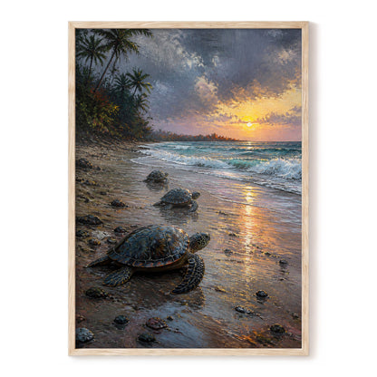 Turtle Dawn, blue, brown, gold nature wall art, front artwork view