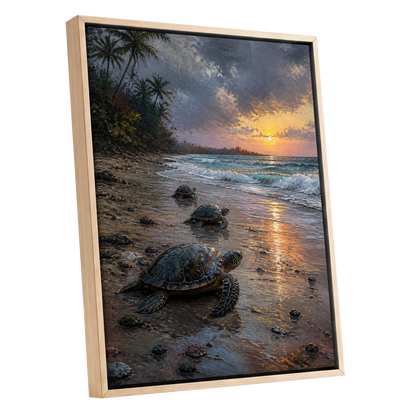 Turtle Dawn, blue, brown, gold nature wall art shown as a oak framed canvas wall art