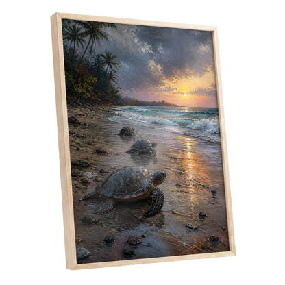 Turtle Dawn, blue, brown, gold nature wall art shown as a oak framed poster wall art print