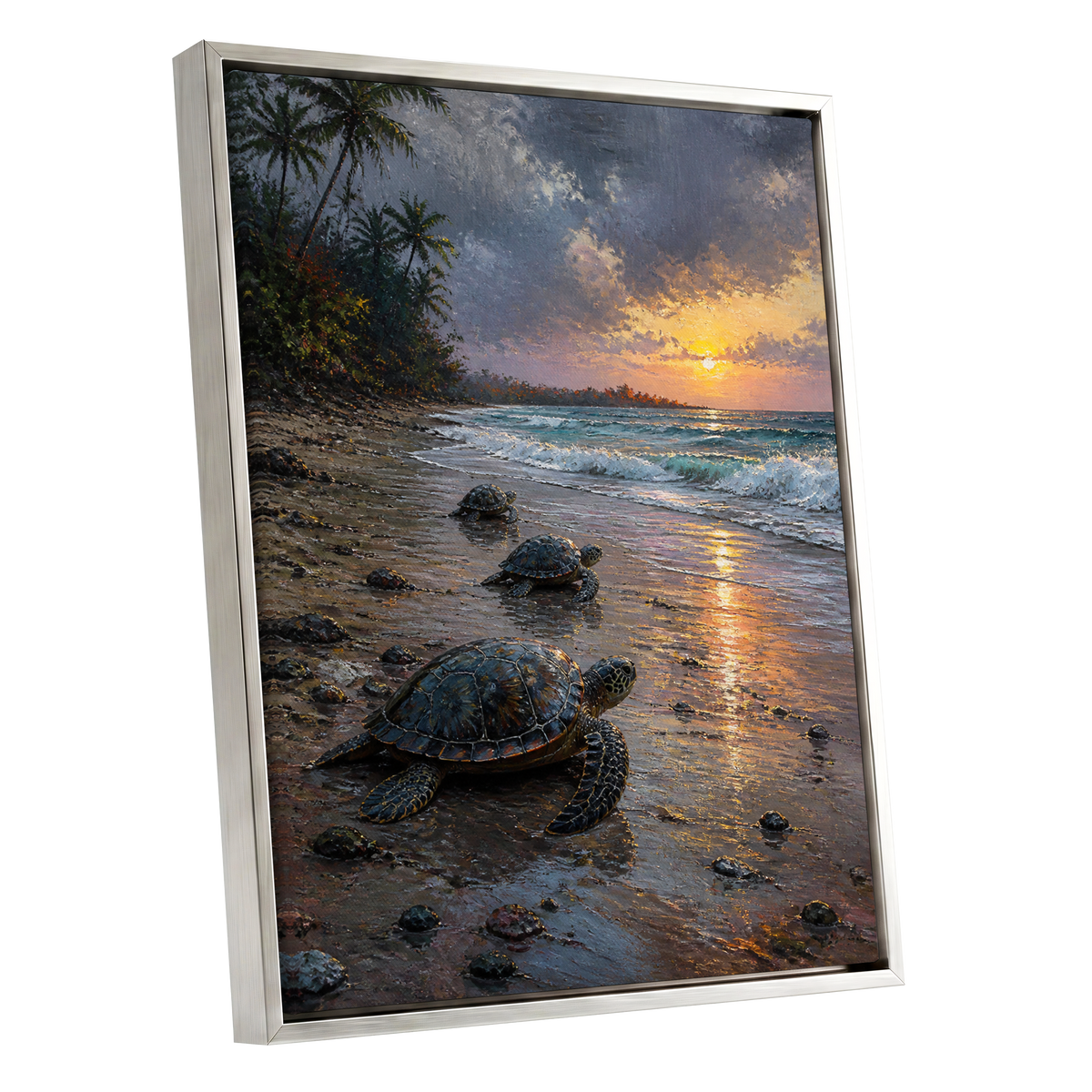 Turtle Dawn, blue, brown, gold nature wall art shown as a silver framed canvas wall art