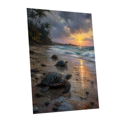 Turtle Dawn, blue, brown, gold nature wall art shown as a unframed poster wall art print