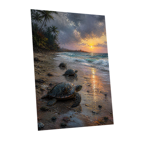 Turtle Dawn, blue, brown, gold nature wall art shown as a unframed poster wall art print