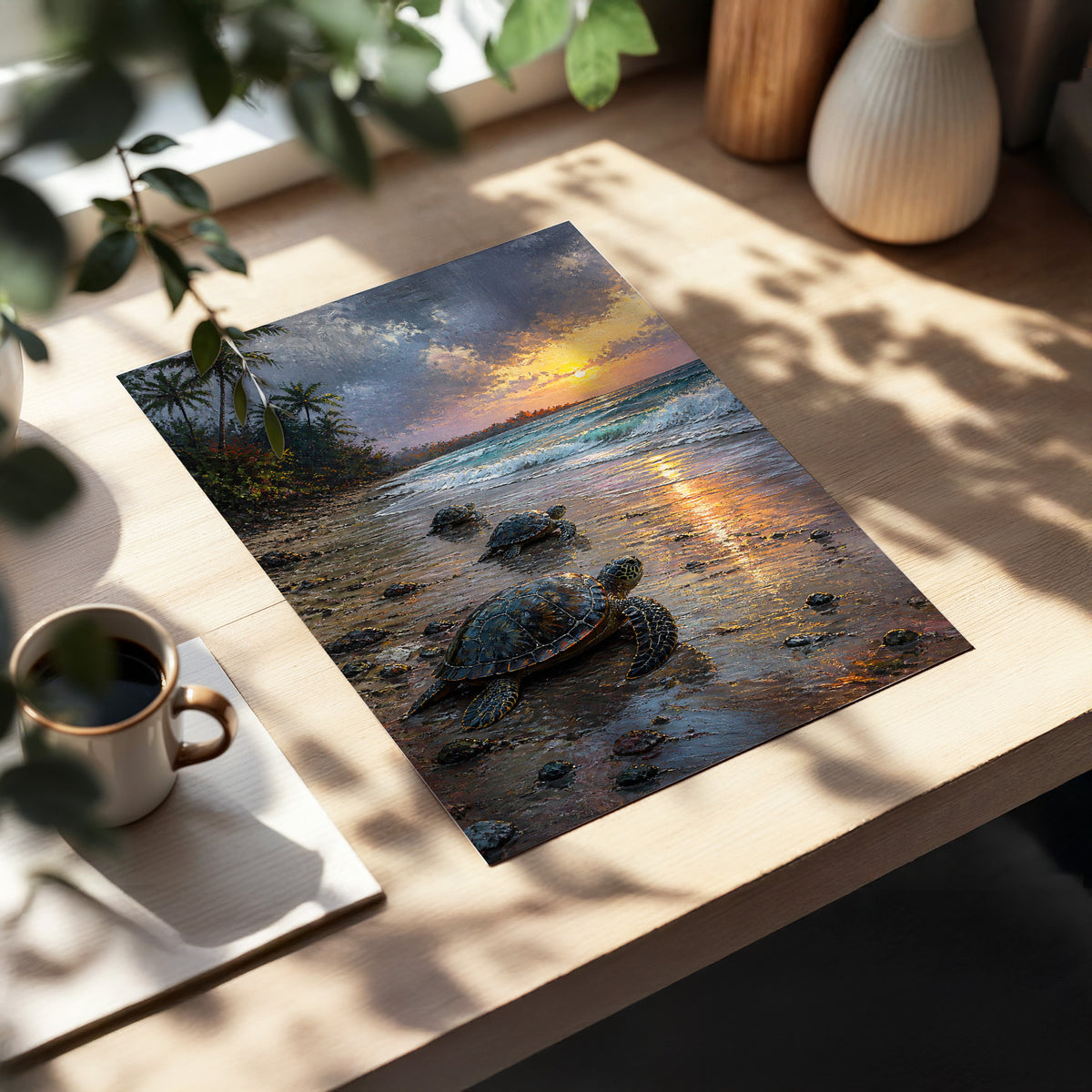 Turtle Dawn, blue, brown, gold nature wall art displayed in a styled interior, gallery view 2
