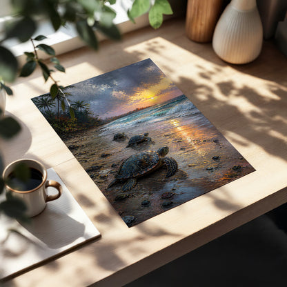 Turtle Dawn, blue, brown, gold nature wall art displayed in a styled interior, gallery view 2