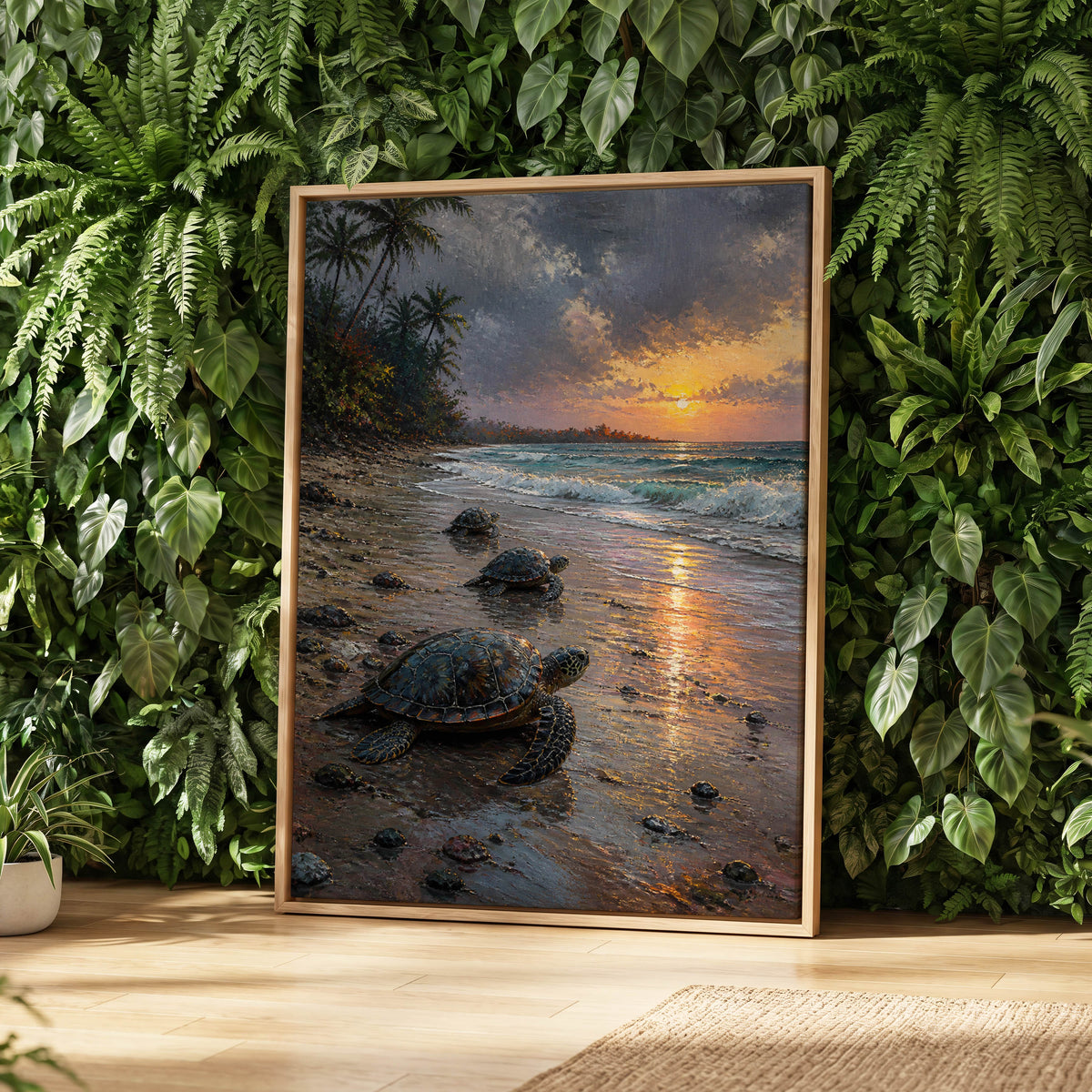 Turtle Dawn, blue, brown, gold nature wall art displayed in a styled interior, gallery view 3