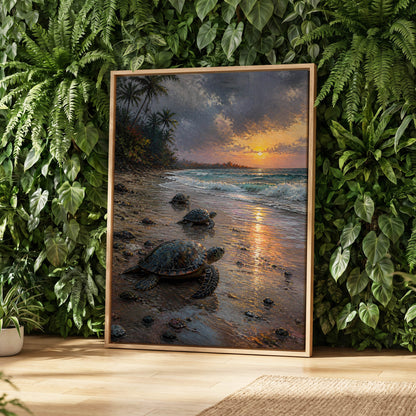 Turtle Dawn, blue, brown, gold nature wall art displayed in a styled interior, gallery view 3