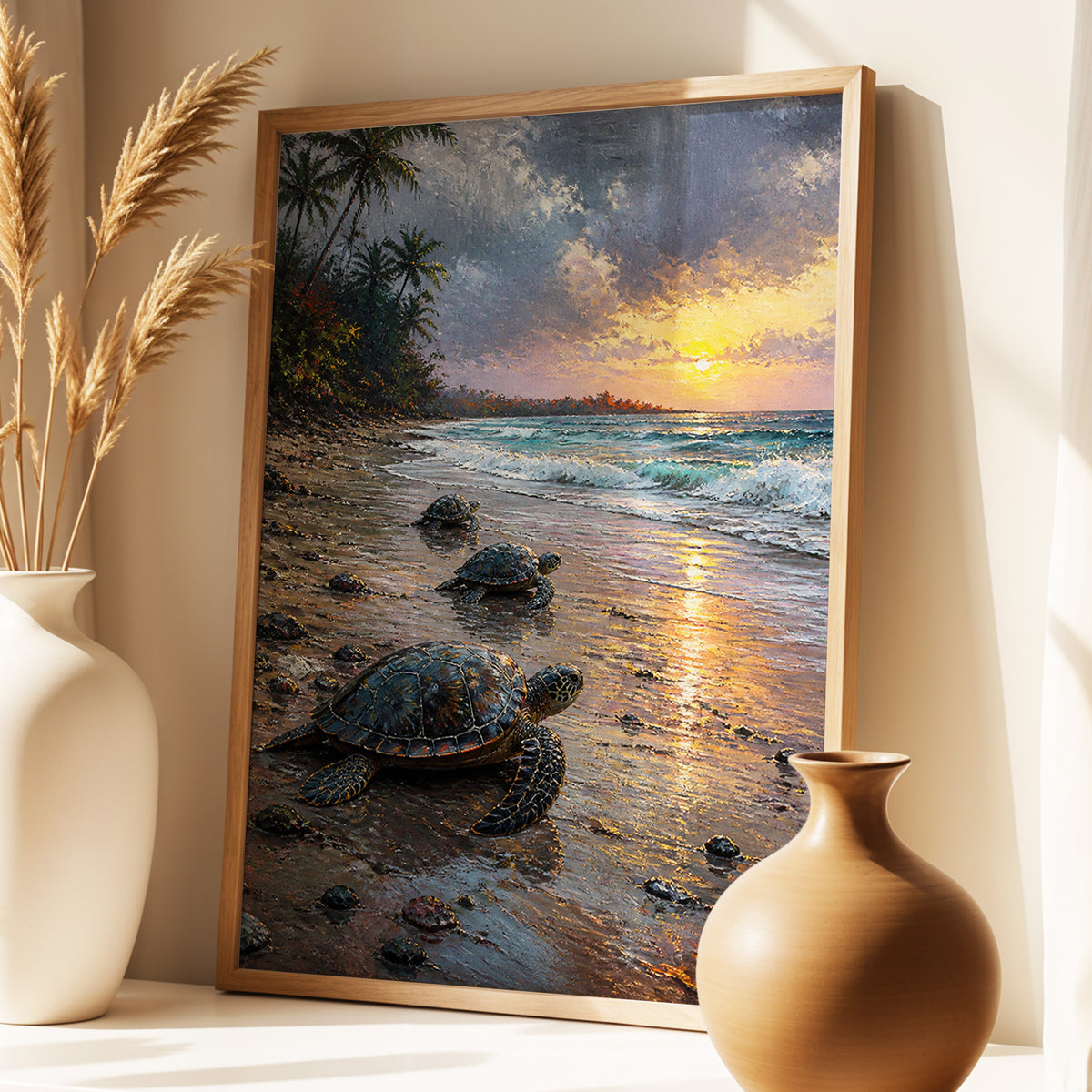 Turtle Dawn, blue, brown, gold nature wall art displayed in a styled interior, gallery view 4