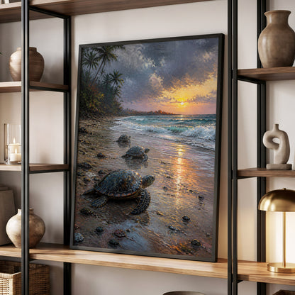 Turtle Dawn, blue, brown, gold nature wall art displayed in a styled interior, gallery view 5