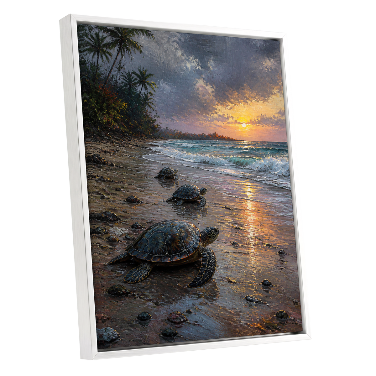 Turtle Dawn, blue, brown, gold nature wall art shown as a white framed canvas wall art
