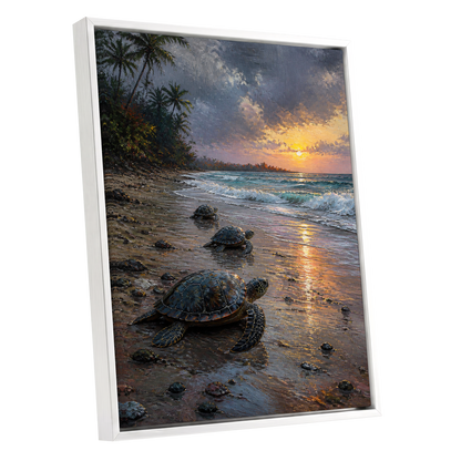 Turtle Dawn, blue, brown, gold nature wall art shown as a white framed canvas wall art