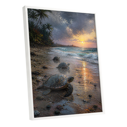 Turtle Dawn, blue, brown, gold nature wall art shown as a white framed poster wall art print
