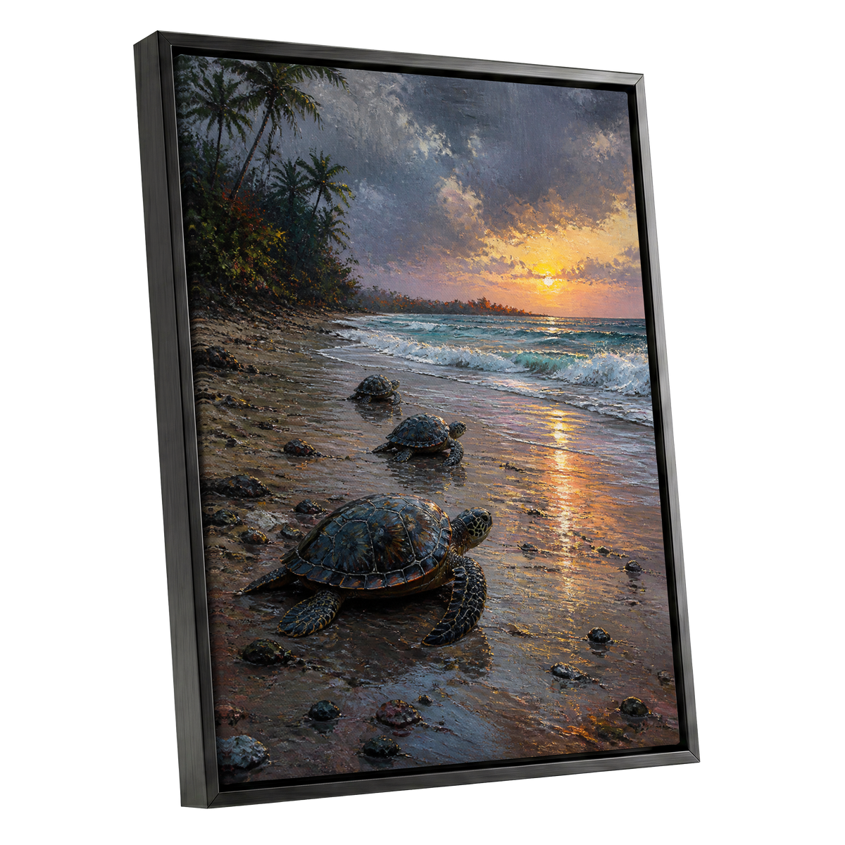 Turtles at Golden Tide, blue, brown, gold nature wall art shown as a black framed canvas wall art