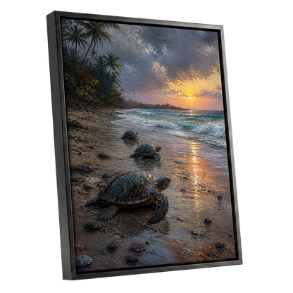 Turtles at Golden Tide, blue, brown, gold nature wall art shown as a black framed canvas wall art