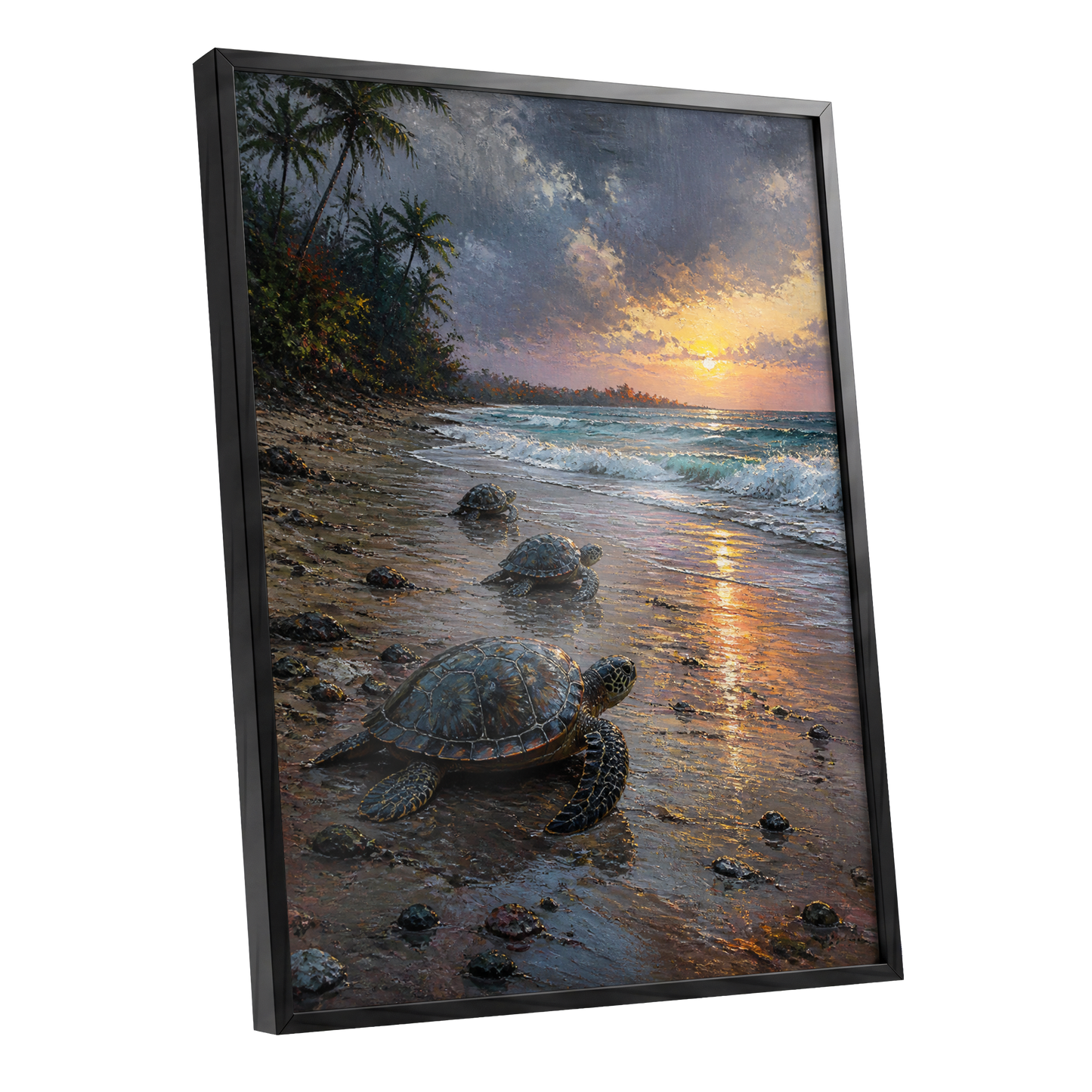 Turtles at Golden Tide, blue, brown, gold nature wall art shown as a black framed poster wall art print